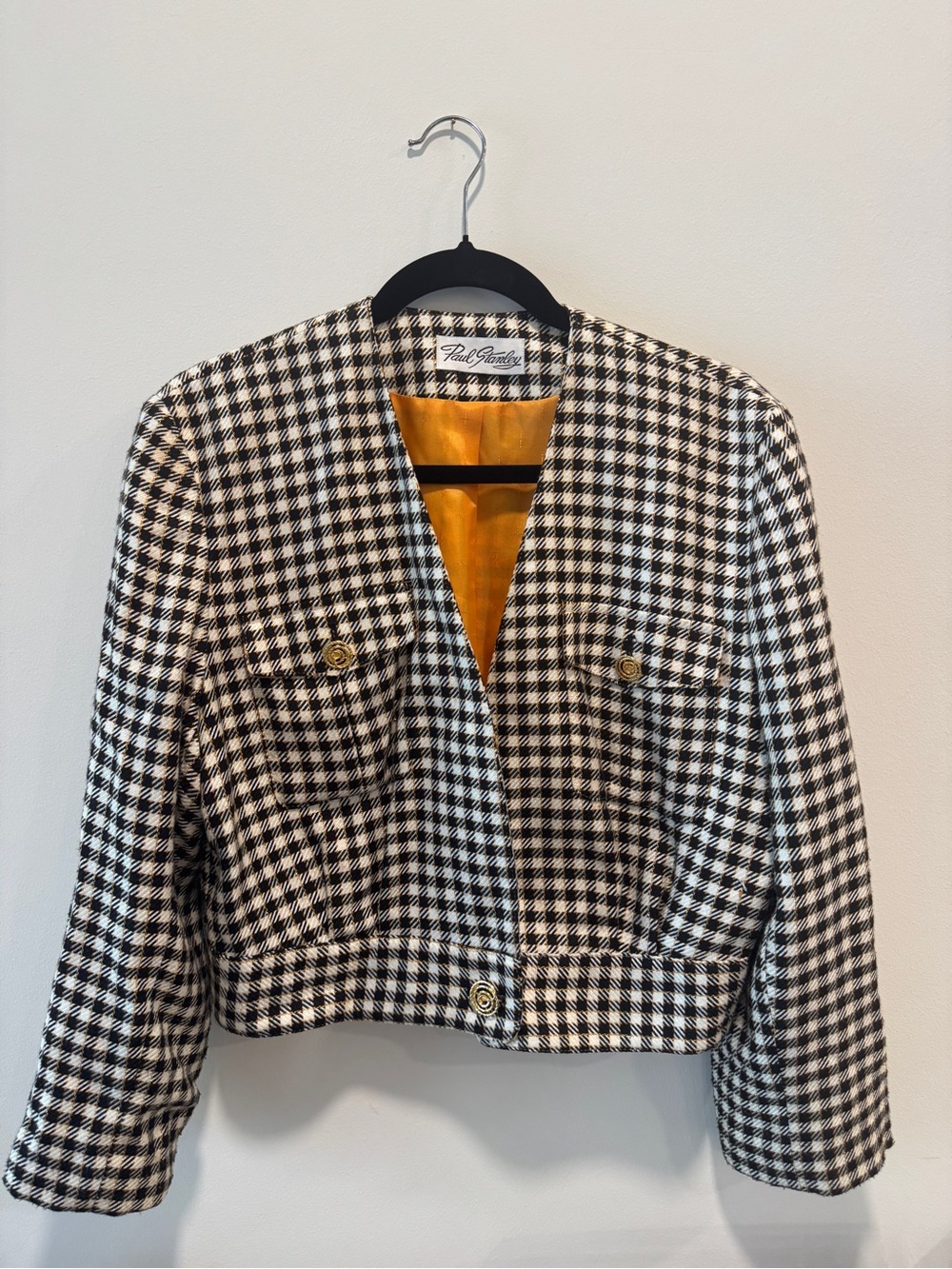 Vintage Paul Stanley Black & White Houndstooth Cropped Blazer with Gold Buttons